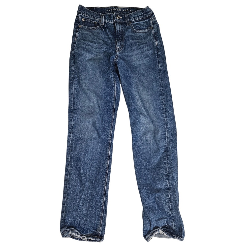American Eagle High Waisted Straight Leg Jeans Medium Wash Distressed Size 2
